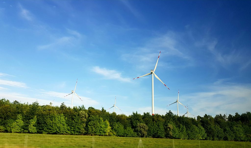 Windkraftanlagen vor einem grünen Wald unter blauem Himmel als Symbol für Klimaschutz und erneuerbare Energien, für die Rosa Buss sich als Bundestagskandidatin einsetzt.